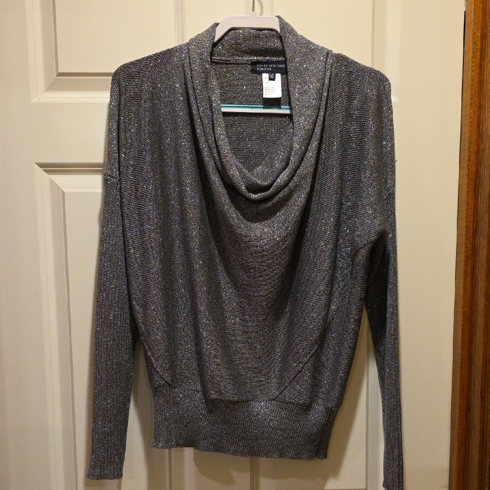 Jones New York Sweater Women L Silver Excellent Metallic Cowl Neck Dolman Knit